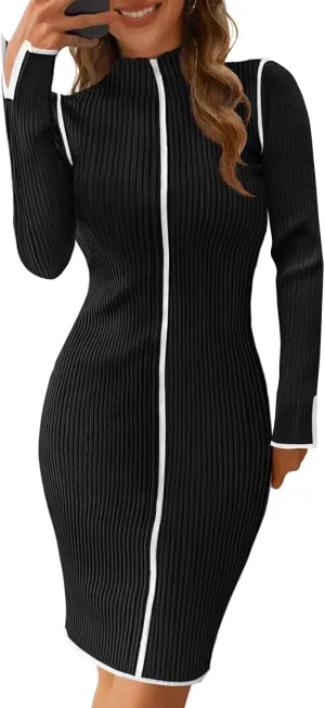 MEROKEETY Women's 2025 Long Sleeve Ribbed Knit Short Dress Color Block Mock Neck Bodycon Sweater Dresses