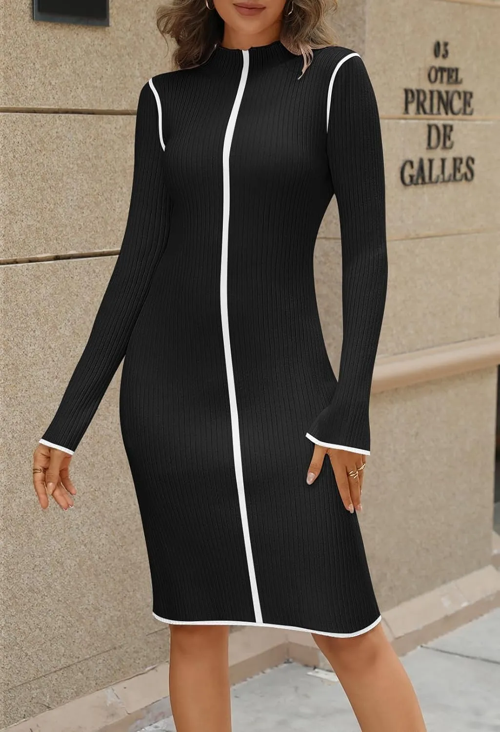 MEROKEETY Women's 2025 Long Sleeve Ribbed Knit Short Dress Color Block Mock Neck Bodycon Sweater Dresses