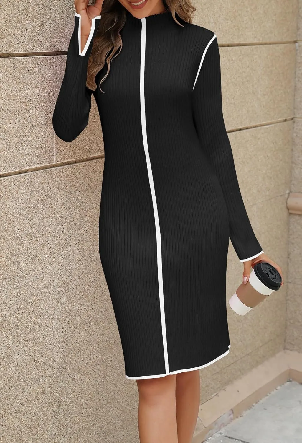 MEROKEETY Women's 2025 Long Sleeve Ribbed Knit Short Dress Color Block Mock Neck Bodycon Sweater Dresses