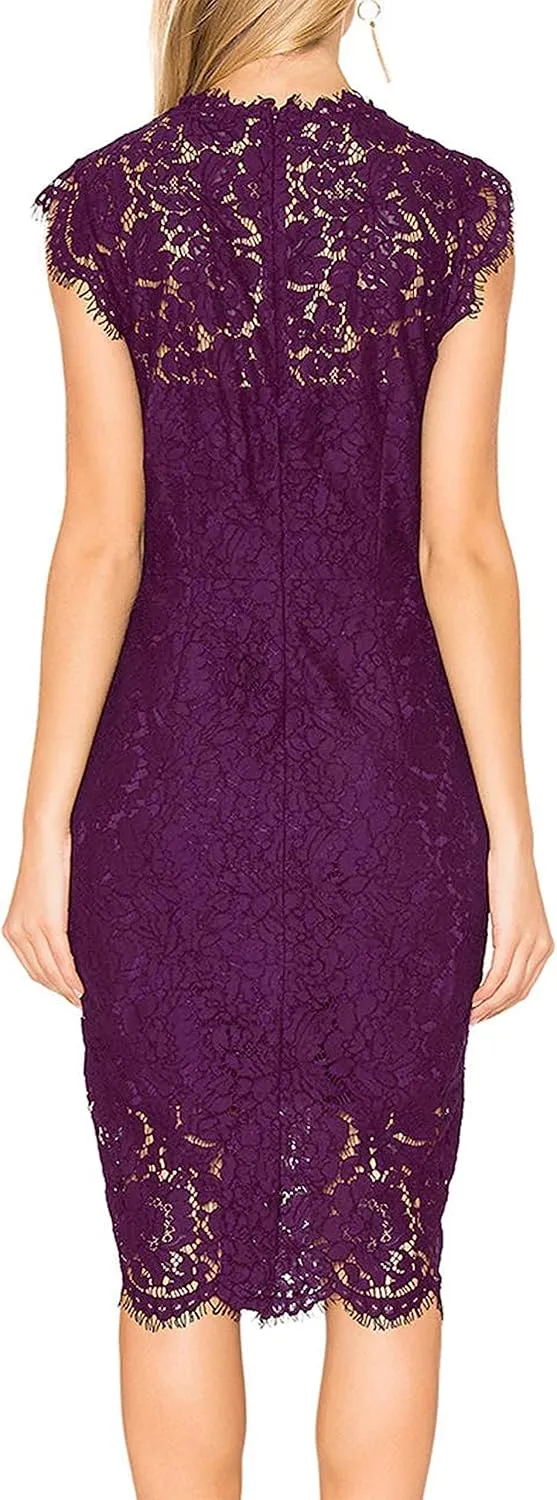 MEROKEETY Women's Sleeveless Lace Floral Elegant Cocktail Dress Crew Neck Knee Length for Party