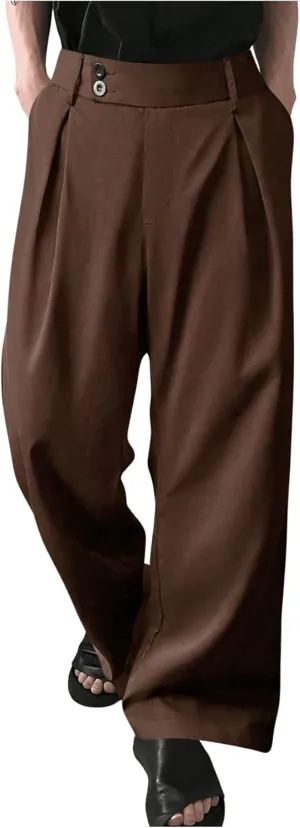 Milumia Men's Pleat Front Wide Leg Long Pants Button Loose Casual Pants