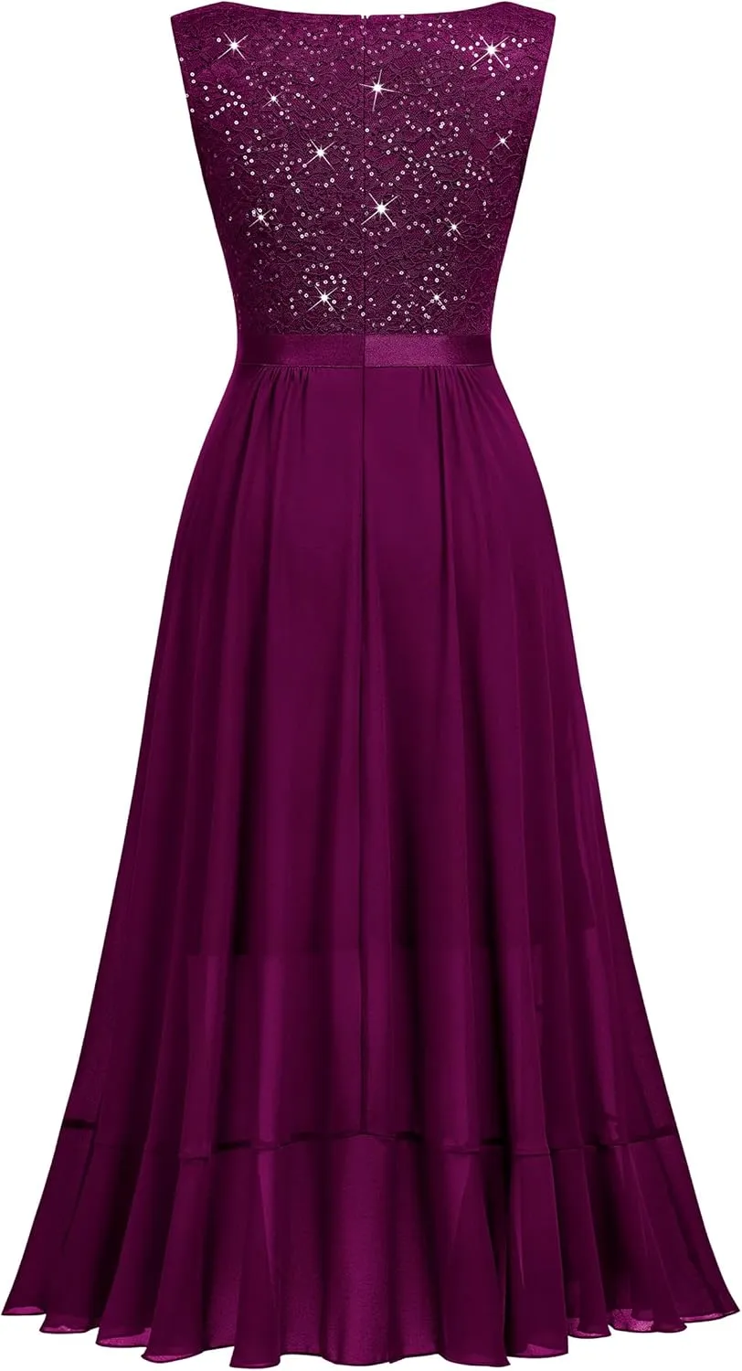 Miusol Women's Vintage V-Neck Sleeveless Sequined Floral Lace Ruffle Split Evening Party Dress