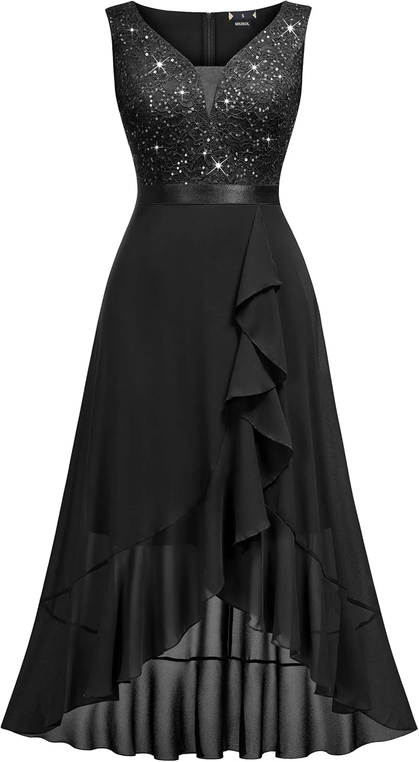 Miusol Women's Vintage V-Neck Sleeveless Sequined Floral Lace Ruffle Split Evening Party Dress