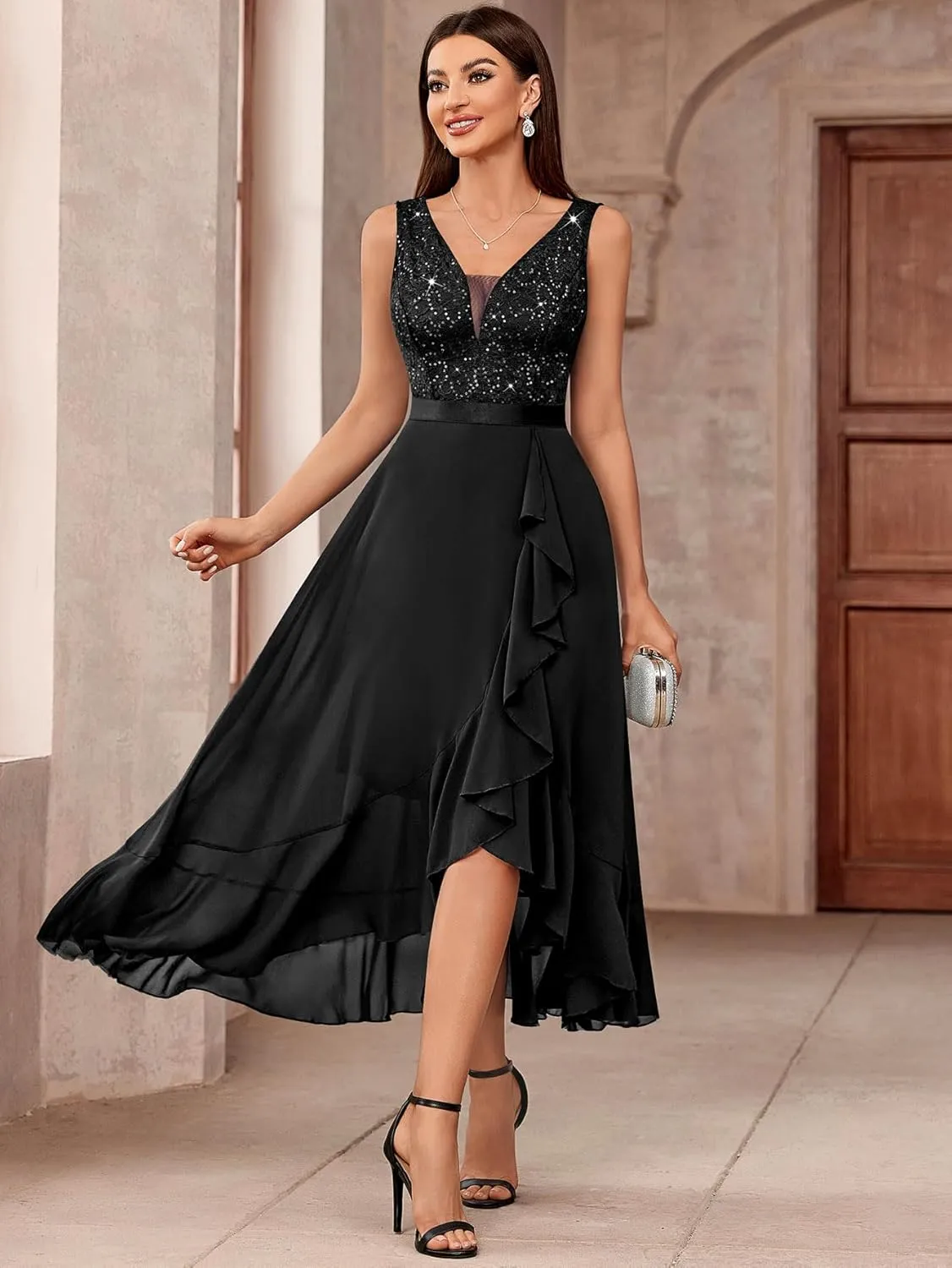 Miusol Women's Vintage V-Neck Sleeveless Sequined Floral Lace Ruffle Split Evening Party Dress