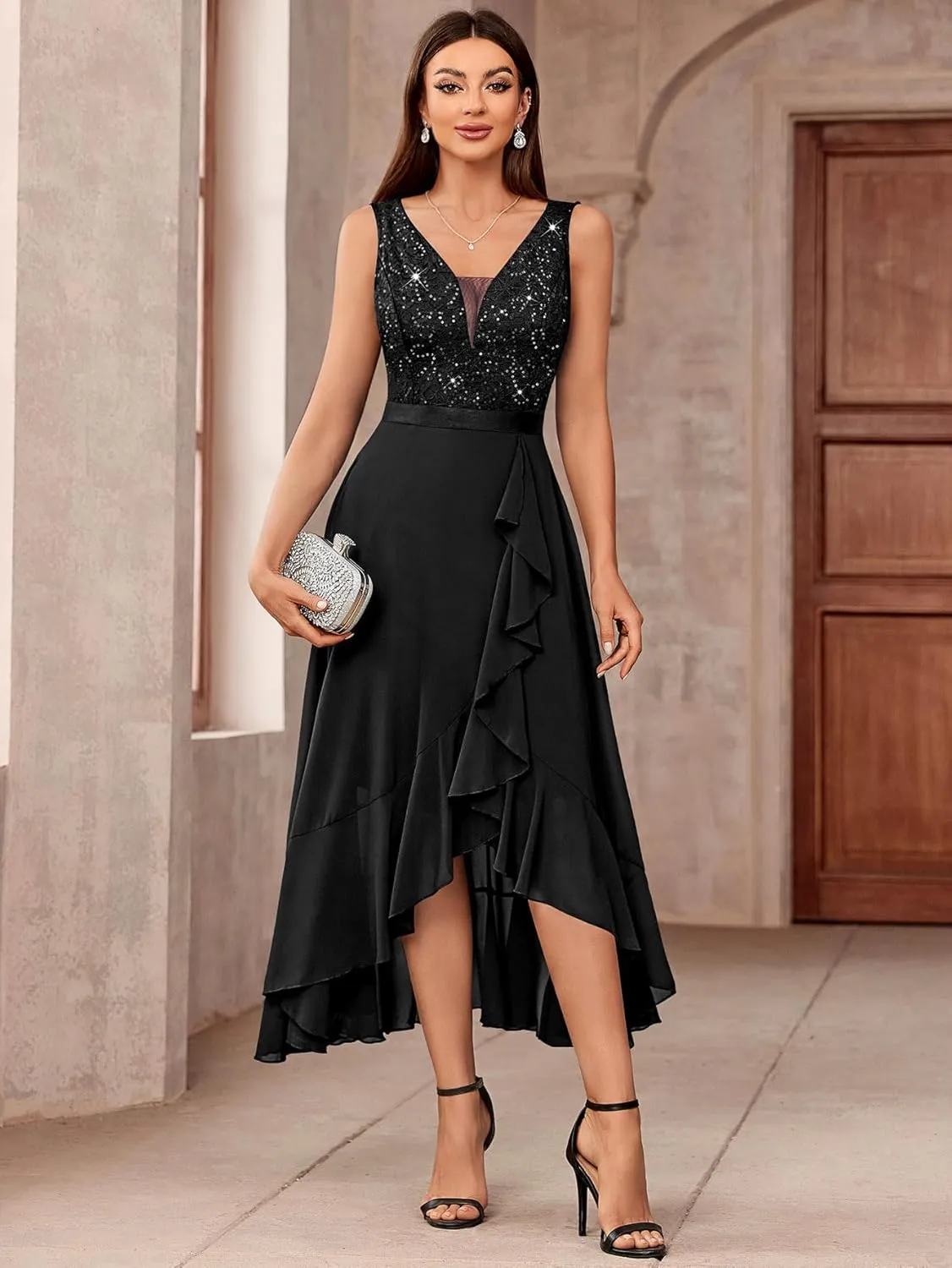 Miusol Women's Vintage V-Neck Sleeveless Sequined Floral Lace Ruffle Split Evening Party Dress