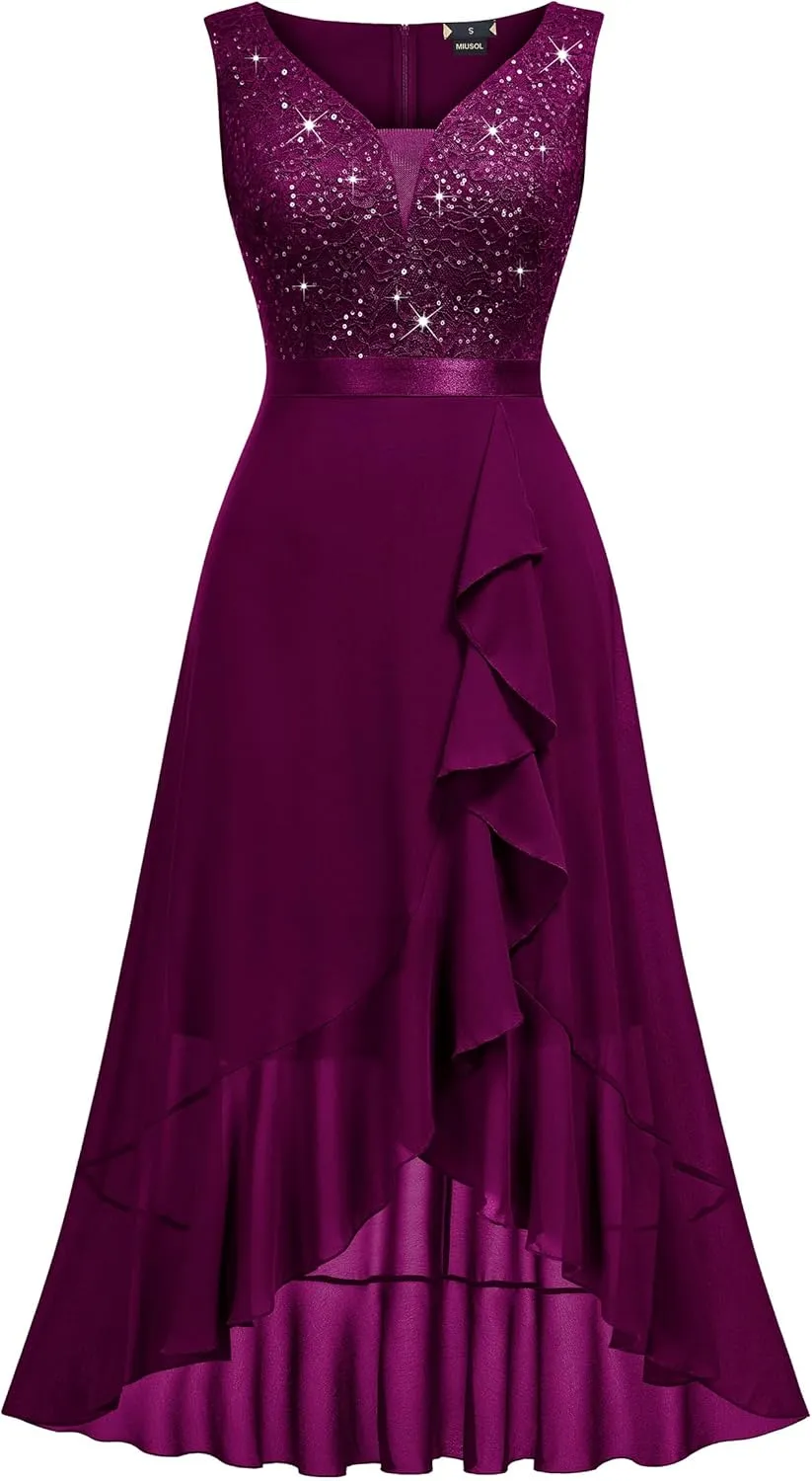 Miusol Women's Vintage V-Neck Sleeveless Sequined Floral Lace Ruffle Split Evening Party Dress