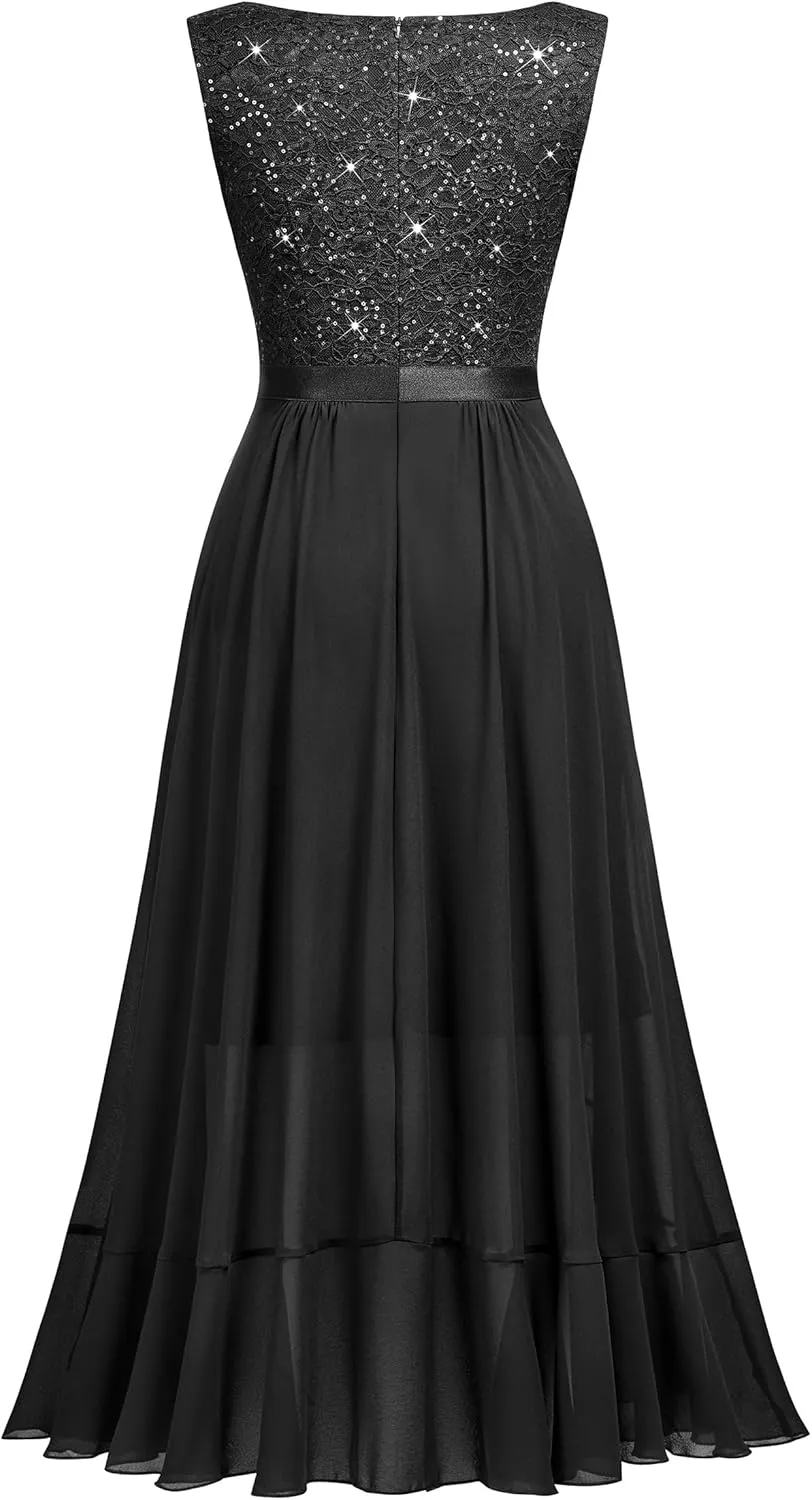 Miusol Women's Vintage V-Neck Sleeveless Sequined Floral Lace Ruffle Split Evening Party Dress
