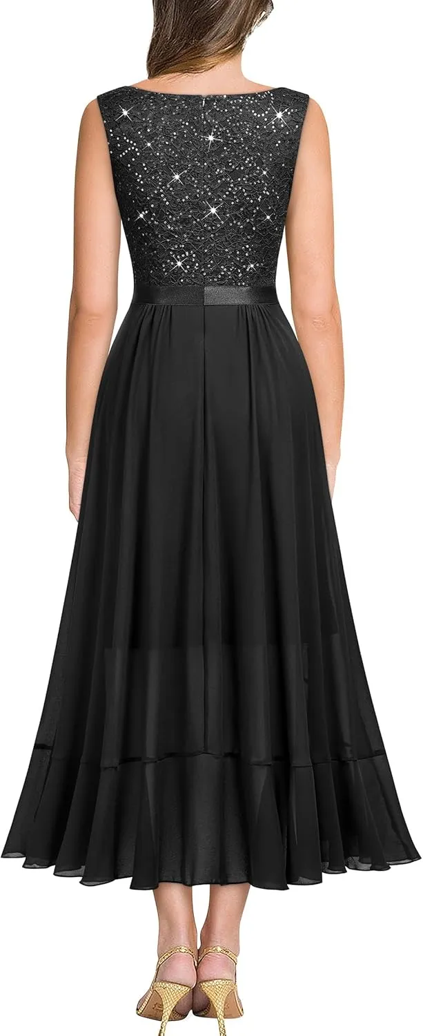 Miusol Women's Vintage V-Neck Sleeveless Sequined Floral Lace Ruffle Split Evening Party Dress