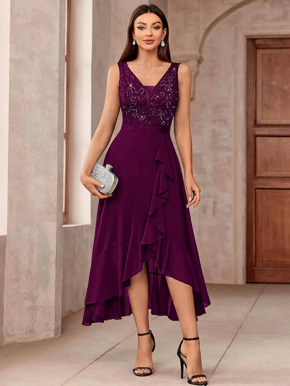 Miusol Women's Vintage V-Neck Sleeveless Sequined Floral Lace Ruffle Split Evening Party Dress