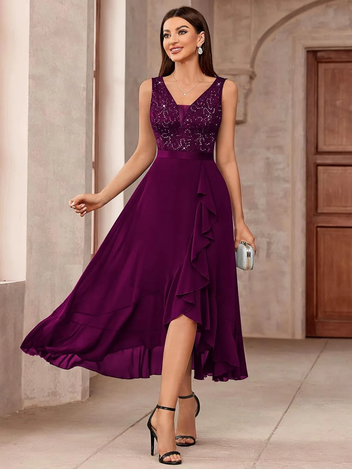 Miusol Women's Vintage V-Neck Sleeveless Sequined Floral Lace Ruffle Split Evening Party Dress