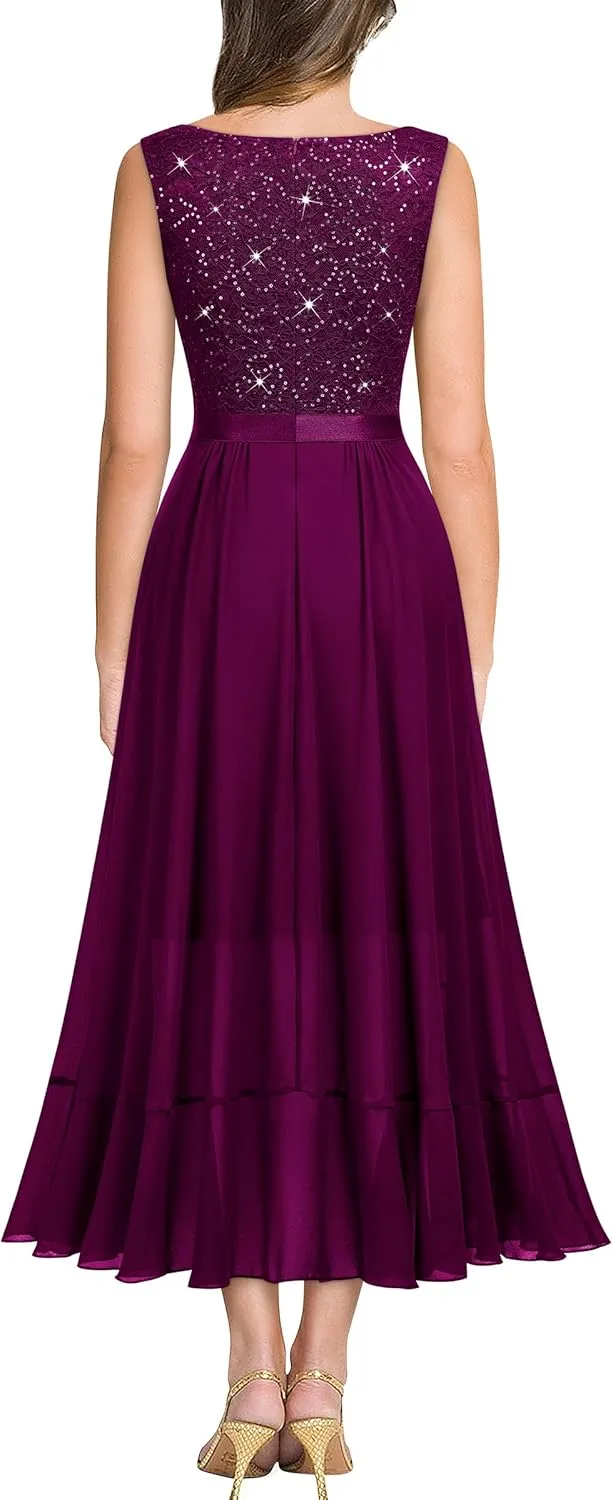 Miusol Women's Vintage V-Neck Sleeveless Sequined Floral Lace Ruffle Split Evening Party Dress