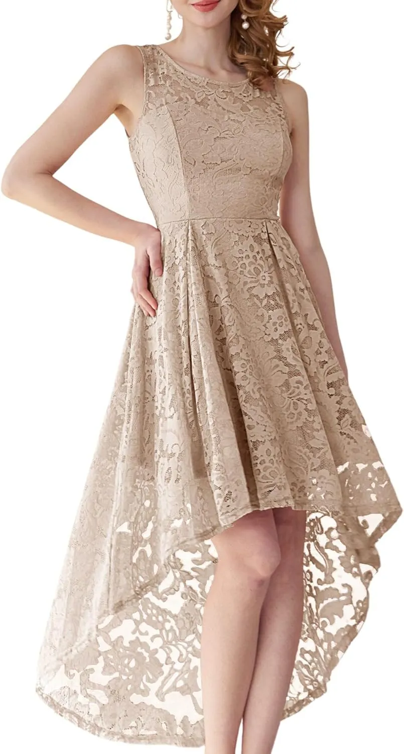 MUADRESS Women's Elegant Floral Lace Dress Sleeveless Crew Neck Hi-Lo Cocktail Dress for Evening Party