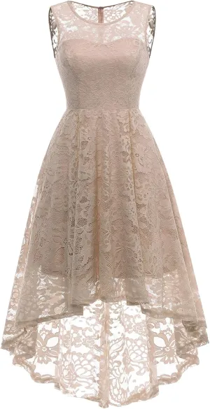 MUADRESS Women's Elegant Floral Lace Dress Sleeveless Crew Neck Hi-Lo Cocktail Dress for Evening Party