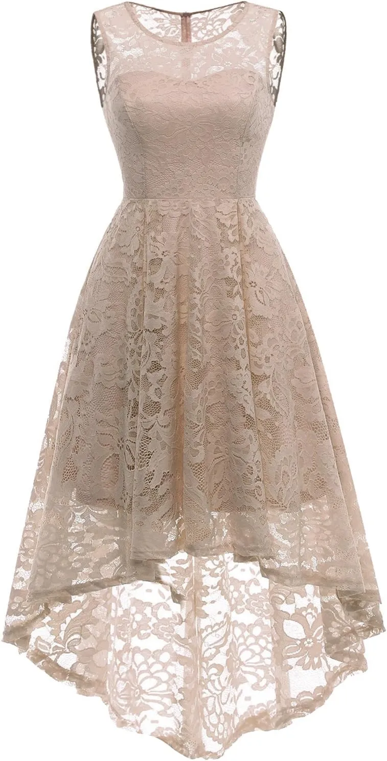 MUADRESS Women's Elegant Floral Lace Dress Sleeveless Crew Neck Hi-Lo Cocktail Dress for Evening Party