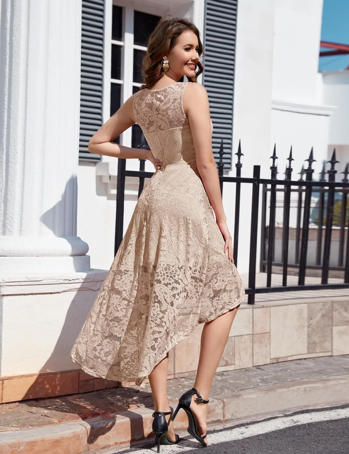 MUADRESS Women's Elegant Floral Lace Dress Sleeveless Crew Neck Hi-Lo Cocktail Dress for Evening Party