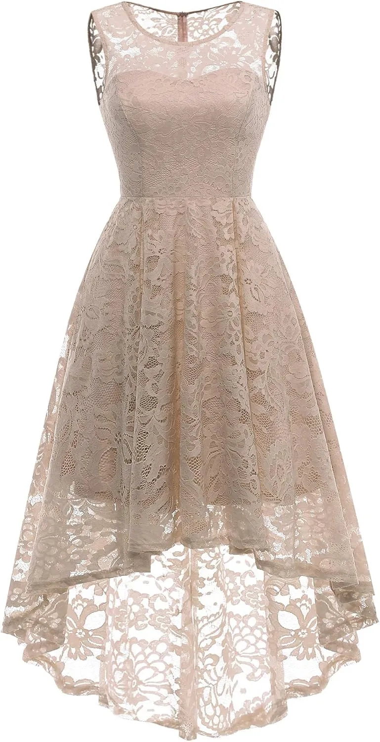 MUADRESS Women's Elegant Floral Lace Dress Sleeveless Crew Neck Hi-Lo Cocktail Dress for Evening Party