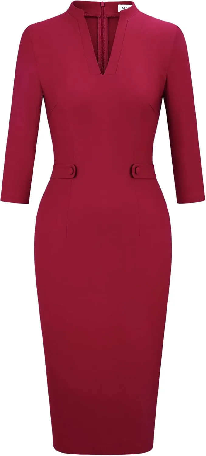 MUXXN Women's 1950s Retro 3/4 Sleeve V Neck Midi Sheath Vintage Cocktail Work Pencil Dresses