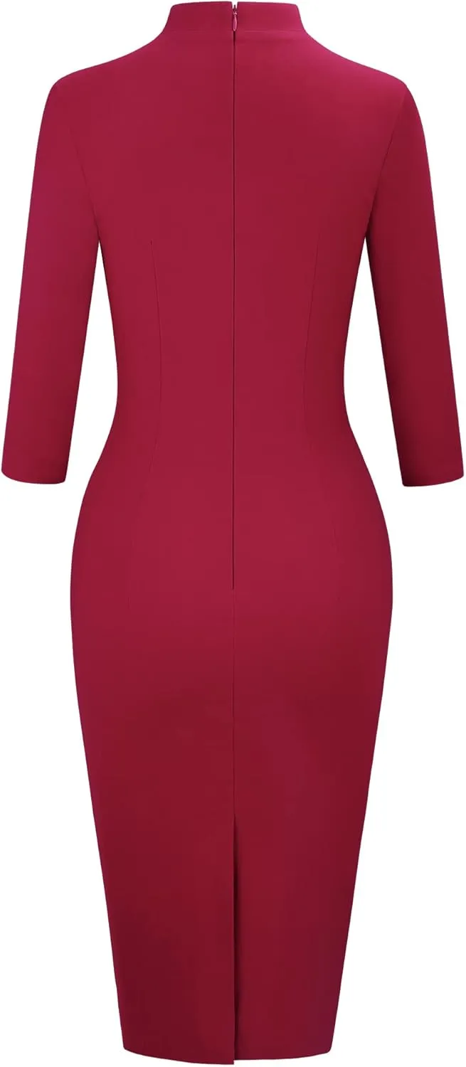 MUXXN Women's 1950s Retro 3/4 Sleeve V Neck Midi Sheath Vintage Cocktail Work Pencil Dresses