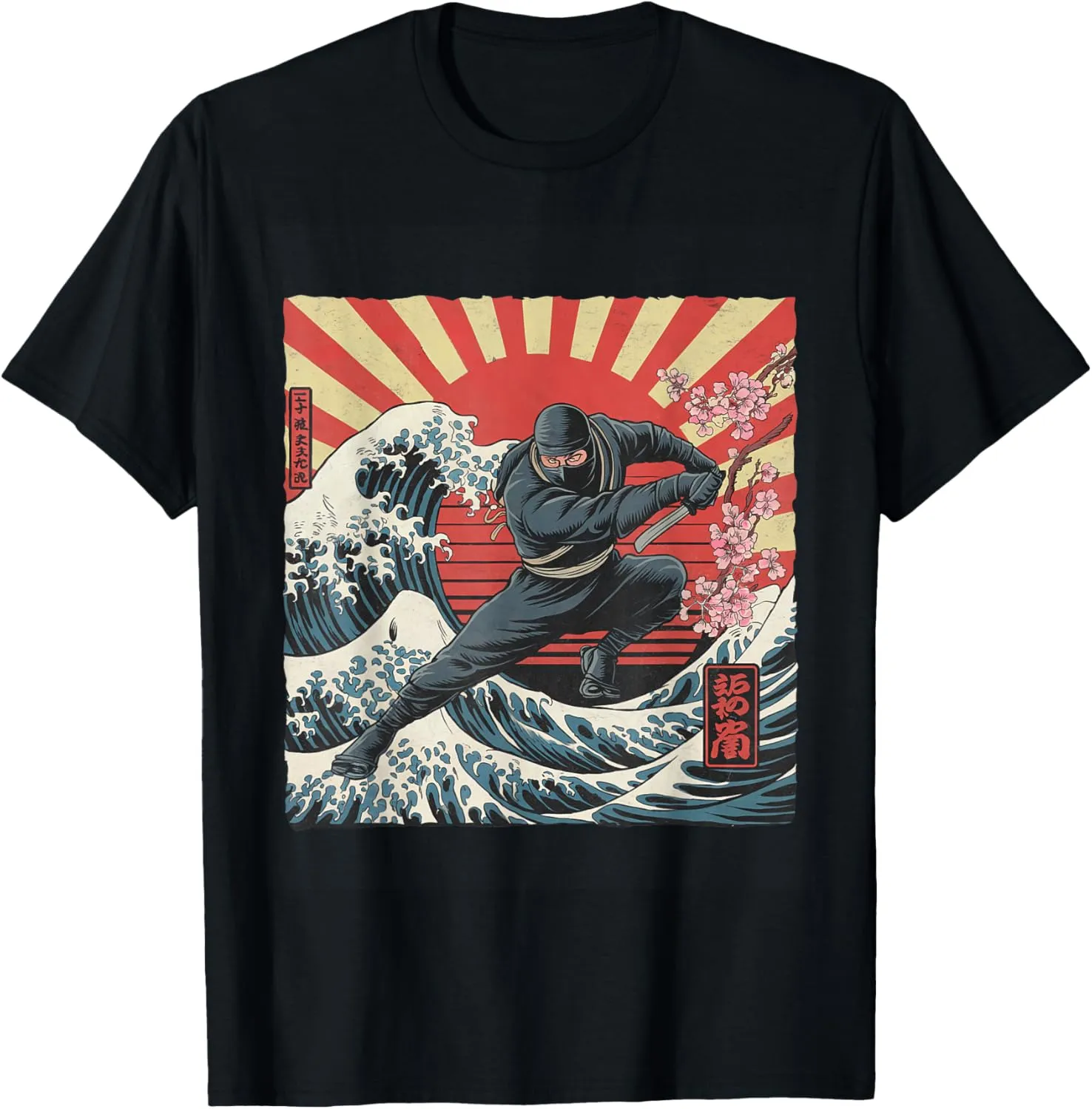 Ninja Warrior Art  Rising Sun, Ocean Wave & Cherry Blossom T-Shirt