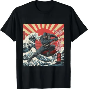 Ninja Warrior Art  Rising Sun, Ocean Wave & Cherry Blossom T-Shirt