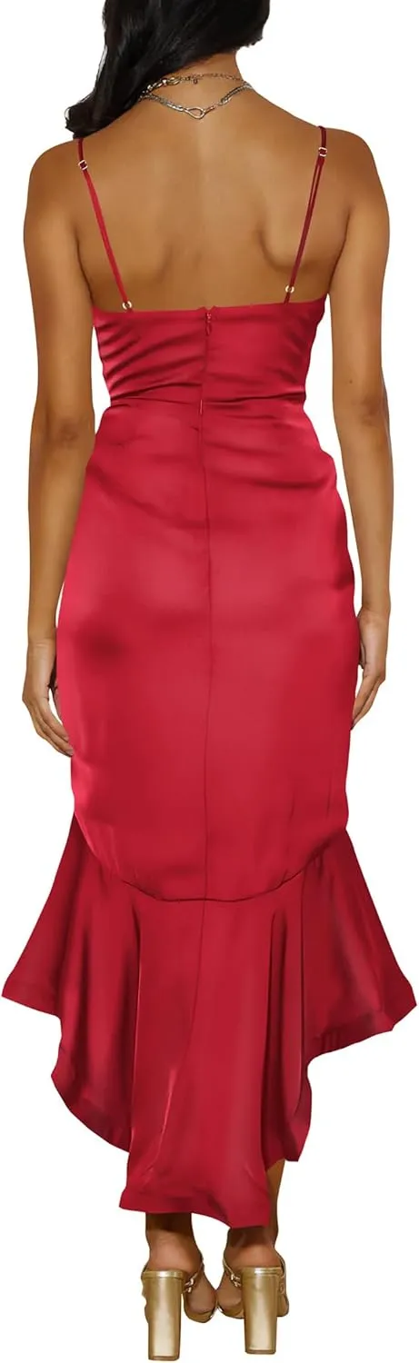 Nova In Sky Womens 2025 Sexy V-Neck Satin Party Cocktail Midi Dress Sleeveless Wrap Ruffle Mermaid Hem Formal Dresses