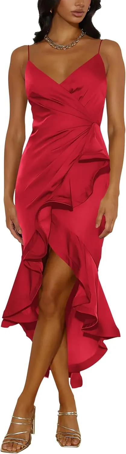 Nova In Sky Womens 2025 Sexy V-Neck Satin Party Cocktail Midi Dress Sleeveless Wrap Ruffle Mermaid Hem Formal Dresses