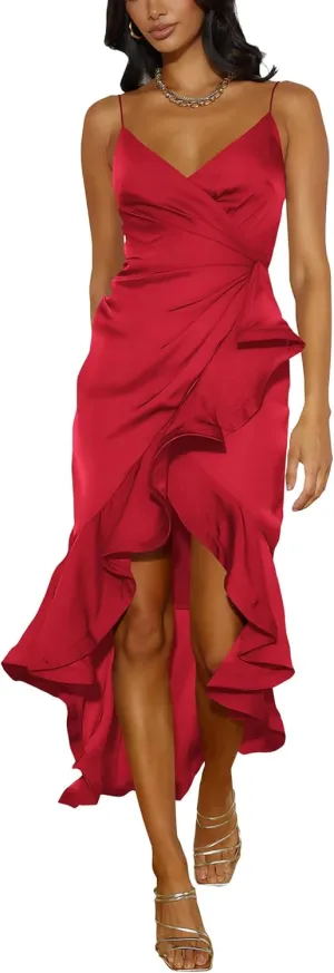 Nova In Sky Womens 2025 Sexy V-Neck Satin Party Cocktail Midi Dress Sleeveless Wrap Ruffle Mermaid Hem Formal Dresses