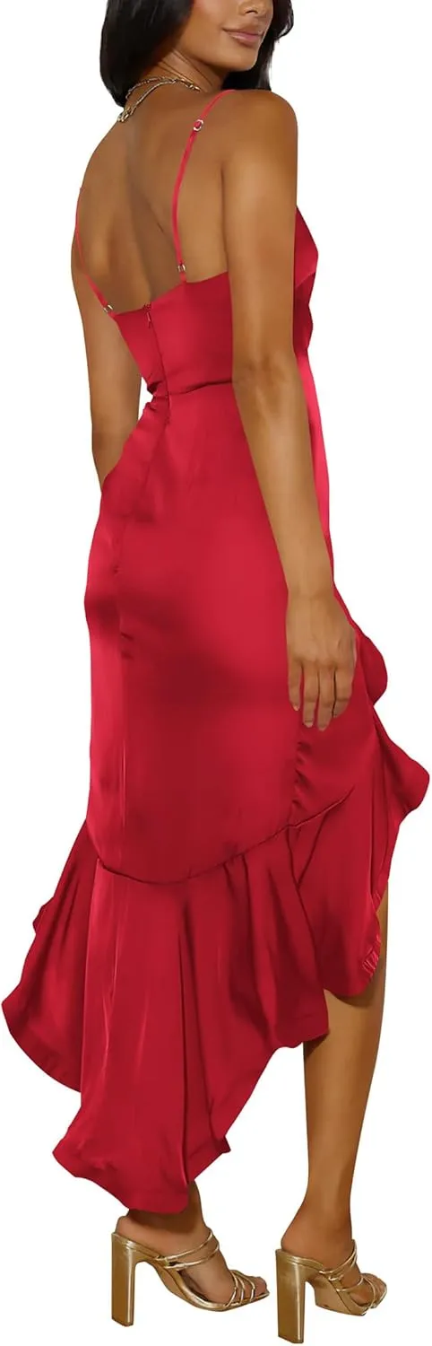Nova In Sky Womens 2025 Sexy V-Neck Satin Party Cocktail Midi Dress Sleeveless Wrap Ruffle Mermaid Hem Formal Dresses