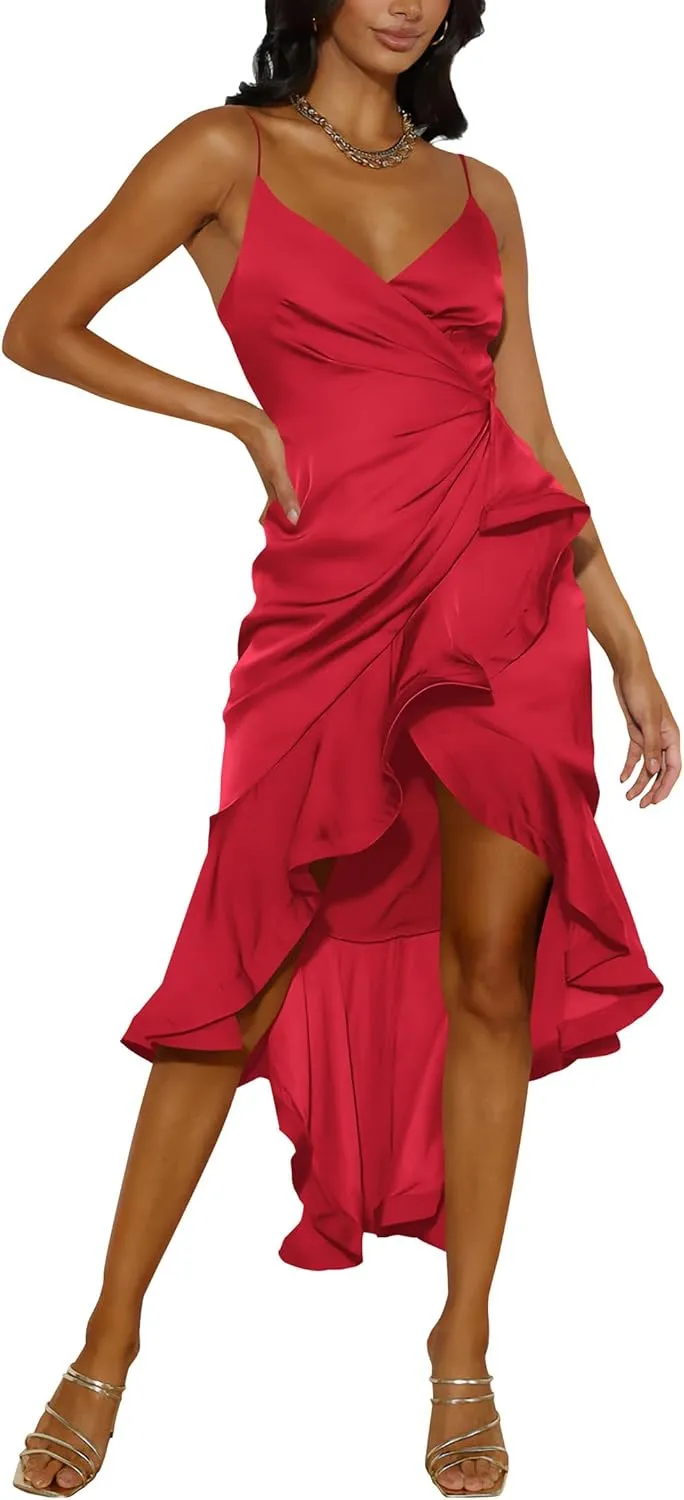 Nova In Sky Womens 2025 Sexy V-Neck Satin Party Cocktail Midi Dress Sleeveless Wrap Ruffle Mermaid Hem Formal Dresses