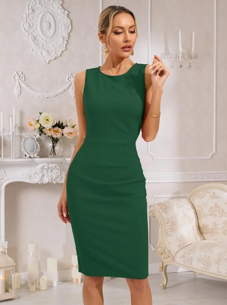 oten Womens Crew Neck Sleeveless Ruched Bodycon Sheath Work Cocktail Party Pencil Dresses