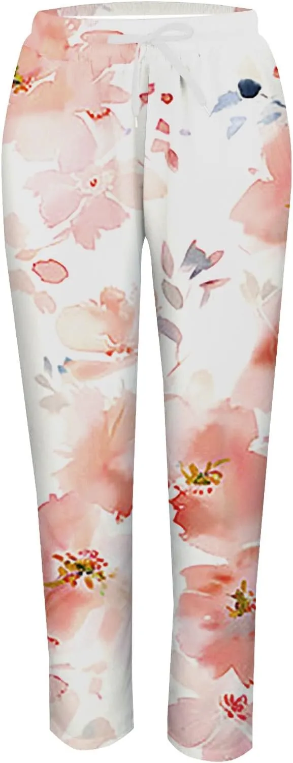 Outfits for Women Summer Wide Leg Pants Drawstring Elastic Waist Pants High Waisted Pants Casual Beach Trousers
