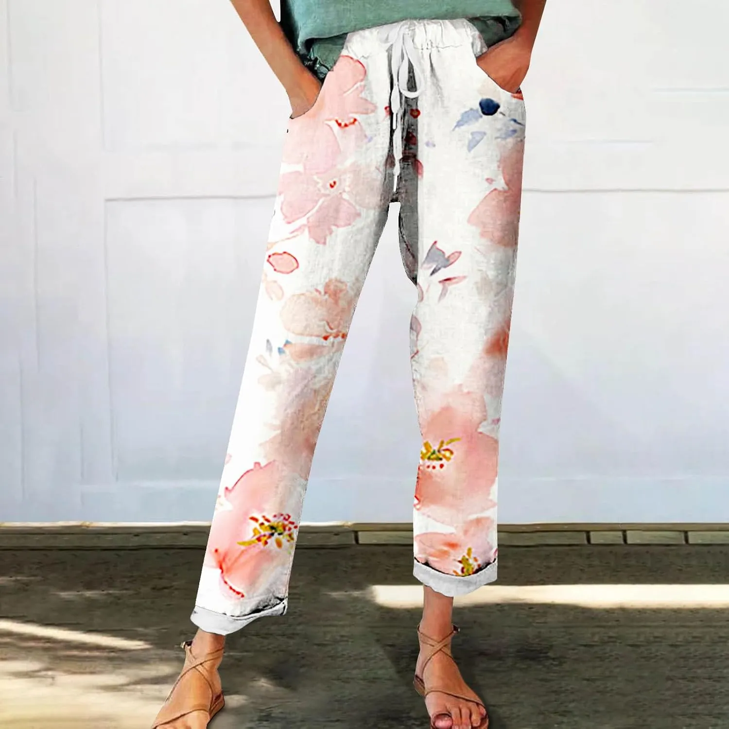 Outfits for Women Summer Wide Leg Pants Drawstring Elastic Waist Pants High Waisted Pants Casual Beach Trousers