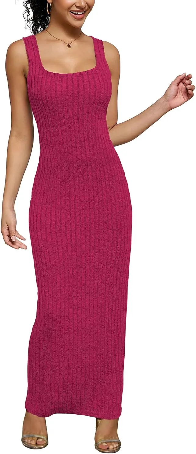 PINSV Women's Bodycon Maxi Dress Stretchy Sleeveless Tank Dress Summer Long Ribbed Casual Beach Party Dress