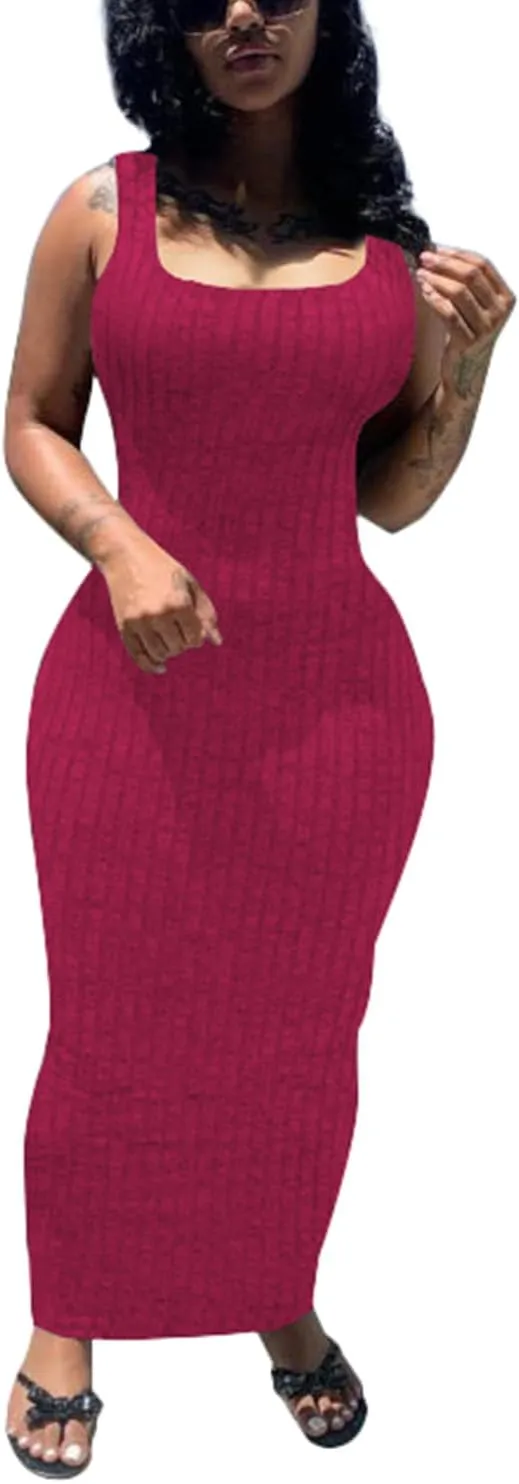 PINSV Women's Bodycon Maxi Dress Stretchy Sleeveless Tank Dress Summer Long Ribbed Casual Beach Party Dress