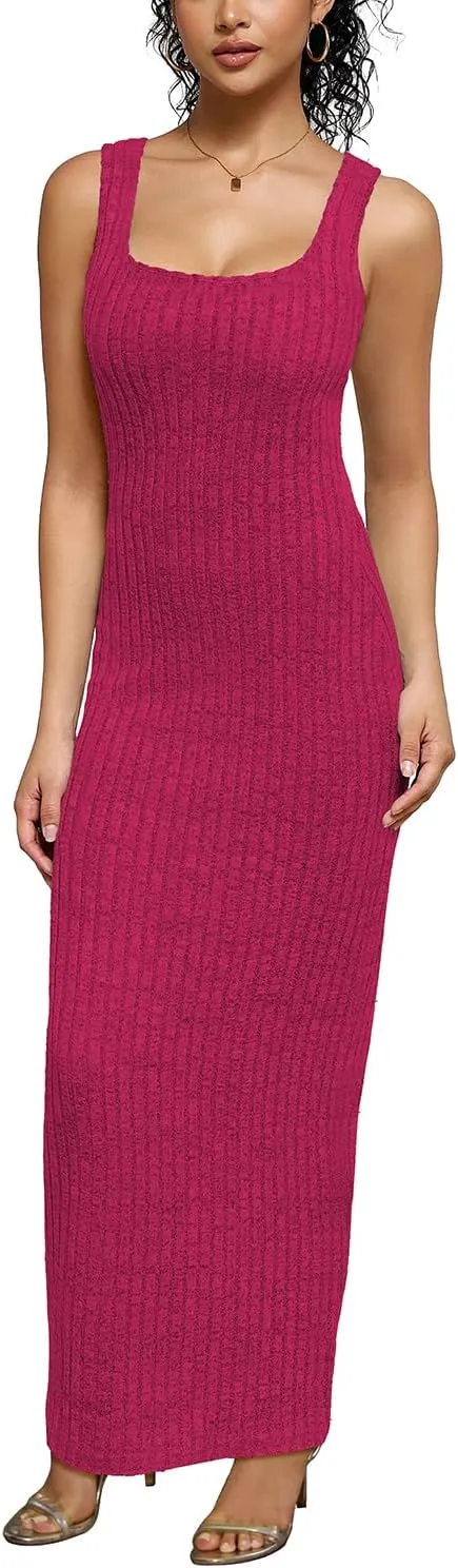 PINSV Women's Bodycon Maxi Dress Stretchy Sleeveless Tank Dress Summer Long Ribbed Casual Beach Party Dress