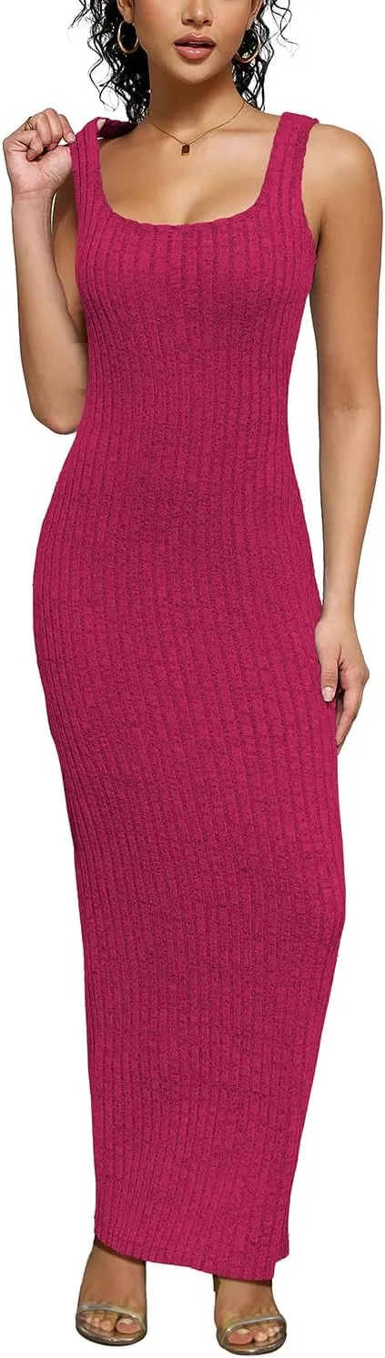 PINSV Women's Bodycon Maxi Dress Stretchy Sleeveless Tank Dress Summer Long Ribbed Casual Beach Party Dress