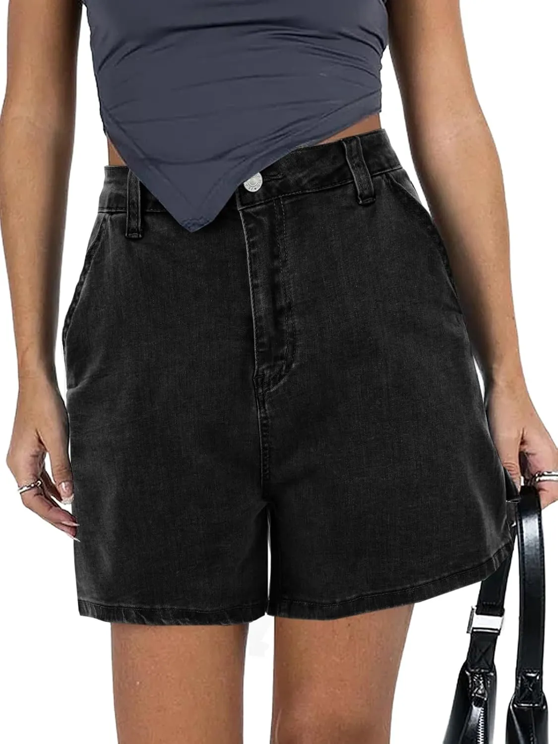 PLNOTME Womens High Waisted Denim Shorts Summer Casual Button Down Baggy Stretchy Jean Shorts with Pockets