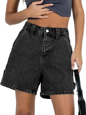 PLNOTME Womens High Waisted Denim Shorts Summer Casual Button Down Baggy Stretchy Jean Shorts with Pockets