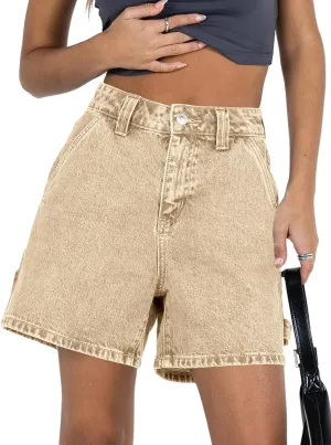 PLNOTME Womens High Waisted Denim Shorts Summer Casual Button Down Baggy Stretchy Jean Shorts with Pockets