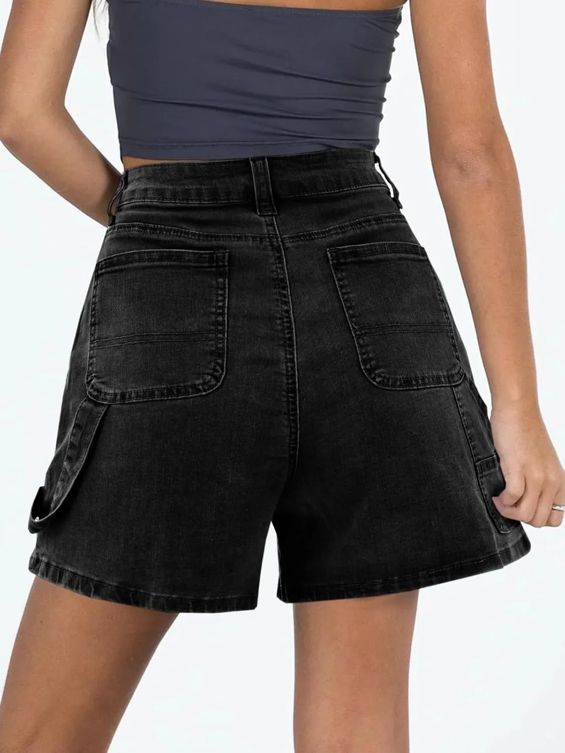 PLNOTME Womens High Waisted Denim Shorts Summer Casual Button Down Baggy Stretchy Jean Shorts with Pockets