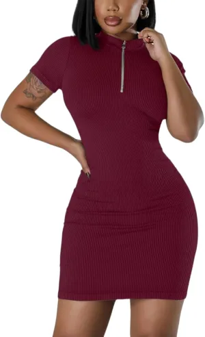Ribbed Bodycon Dresses for Women Short Sleeve Summer Zip Up Front Casual Mini Tank Dress