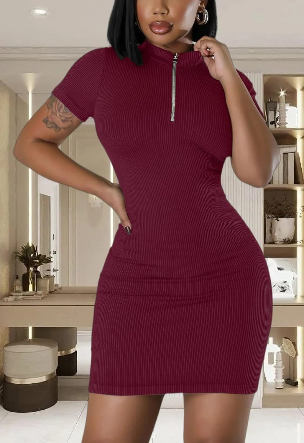 Ribbed Bodycon Dresses for Women Short Sleeve Summer Zip Up Front Casual Mini Tank Dress