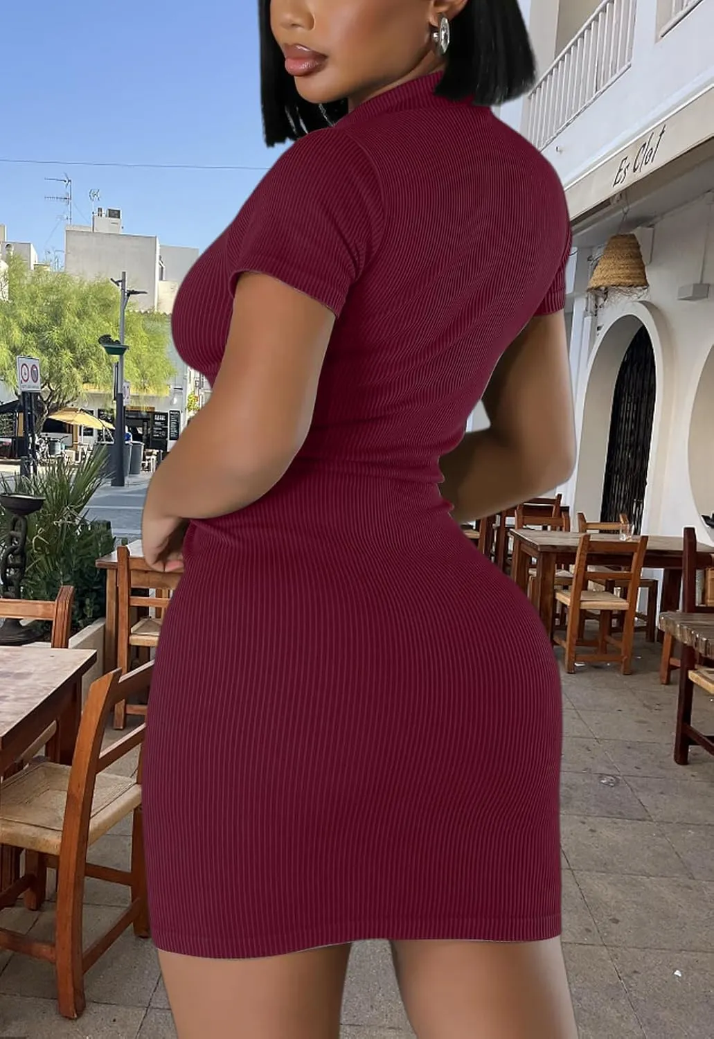 Ribbed Bodycon Dresses for Women Short Sleeve Summer Zip Up Front Casual Mini Tank Dress