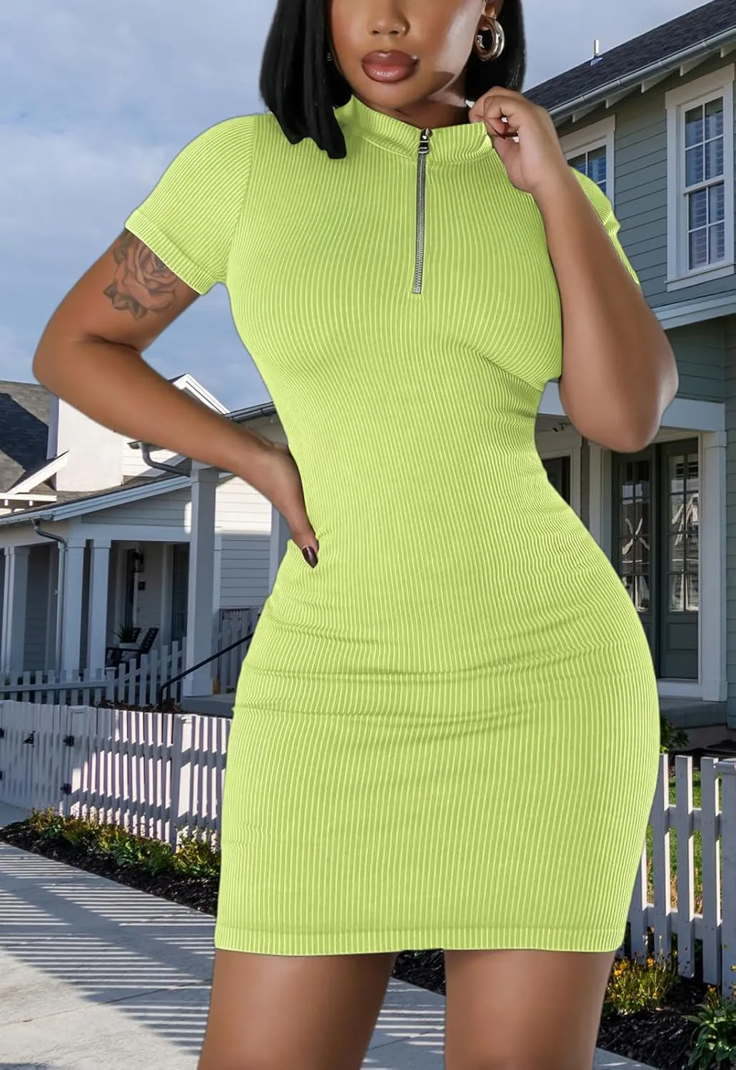 Ribbed Bodycon Dresses for Women Short Sleeve Summer Zip Up Front Casual Mini Tank Dress