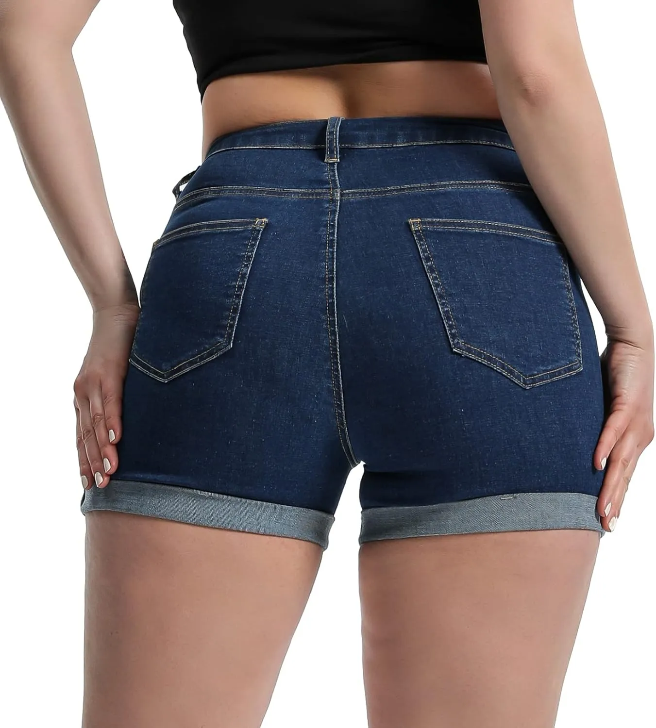 Romastory Women's High Waisted Summer Elastic Jean Shorts Folded Hem Hot Denim Shorts for Women