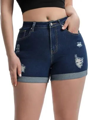 Romastory Women's High Waisted Summer Elastic Jean Shorts Folded Hem Hot Denim Shorts for Women
