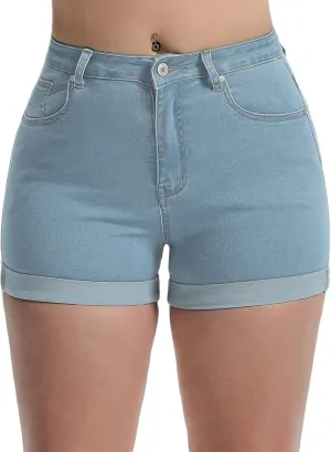 Romastory Women's High Waisted Summer Elastic Jean Shorts Folded Hem Hot Denim Shorts for Women
