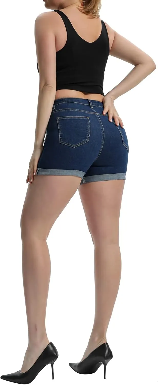 Romastory Women's High Waisted Summer Elastic Jean Shorts Folded Hem Hot Denim Shorts for Women