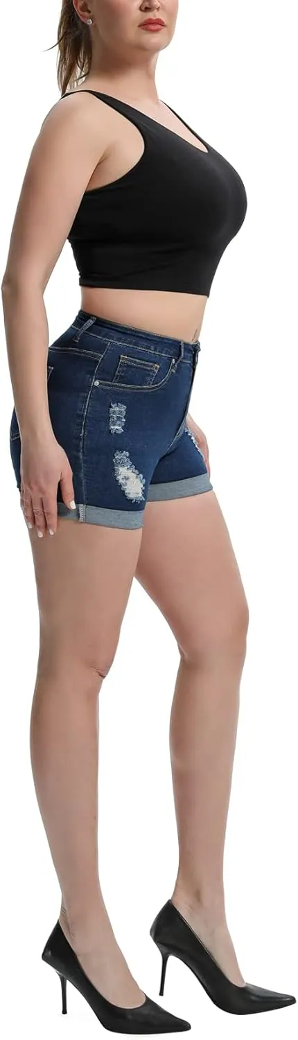 Romastory Women's High Waisted Summer Elastic Jean Shorts Folded Hem Hot Denim Shorts for Women