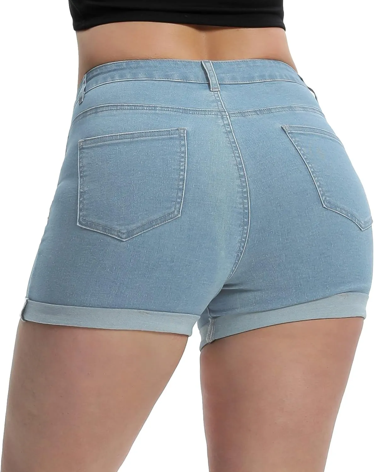 Romastory Women's High Waisted Summer Elastic Jean Shorts Folded Hem Hot Denim Shorts for Women